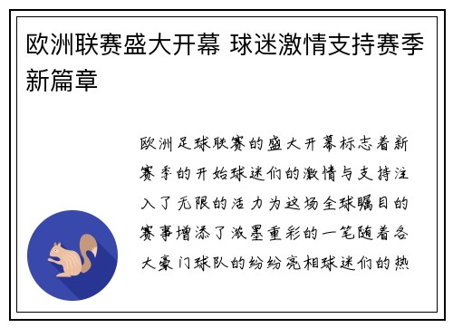 欧洲联赛盛大开幕 球迷激情支持赛季新篇章