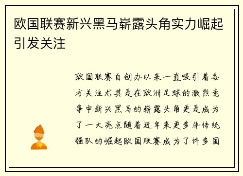 欧国联赛新兴黑马崭露头角实力崛起引发关注
