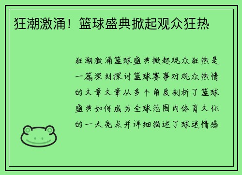 狂潮激涌！篮球盛典掀起观众狂热